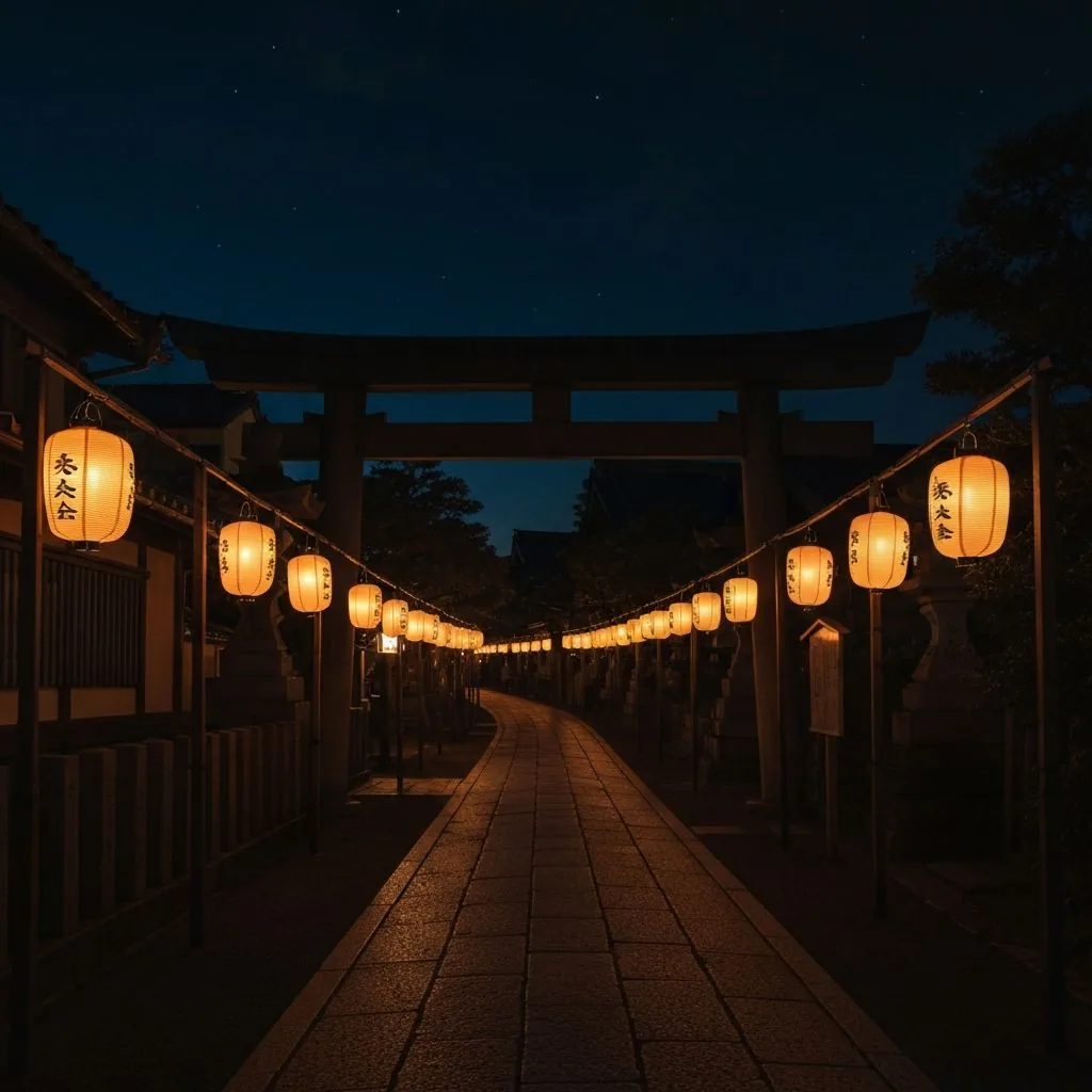 Rows of hanging chochin lanterns on a Kyoto night street